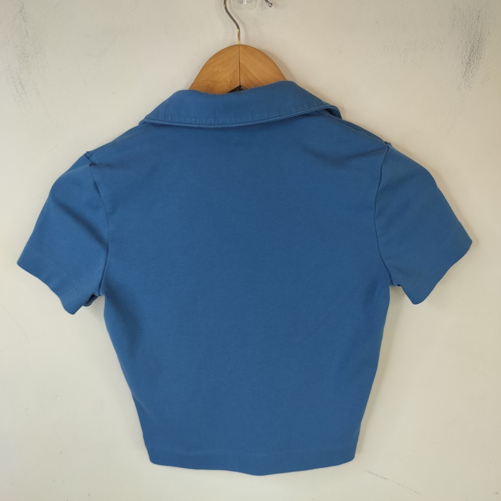 Uniqlo Polo Shirt Womens Small Cropped V-Neck Short Sleeve Preppy Blue - Picture 4 of 7